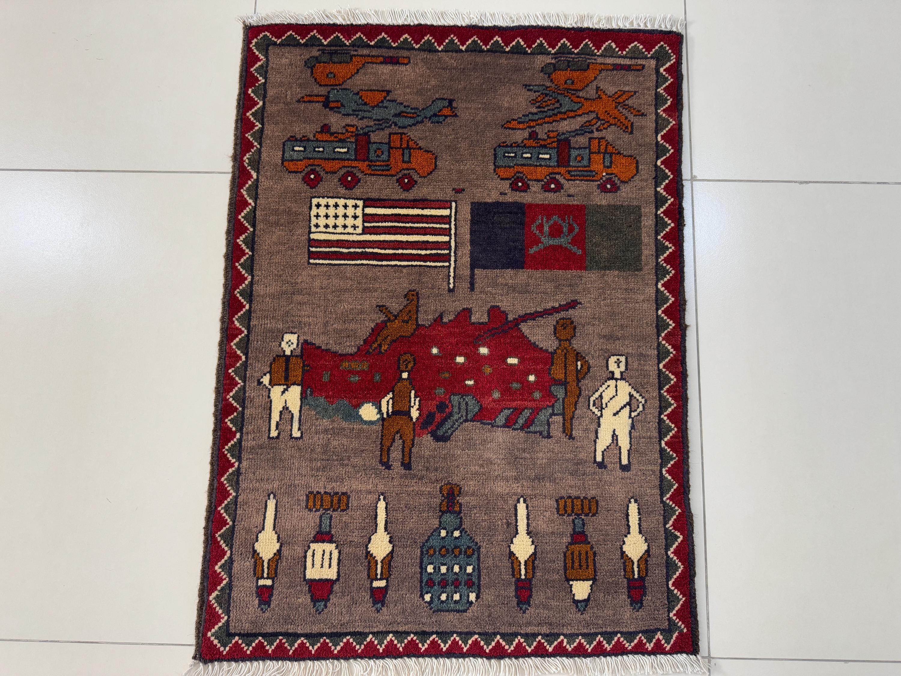 2x3 Taupe War Rug - Iconic Kalashnikov Rug - Afghan War Rug