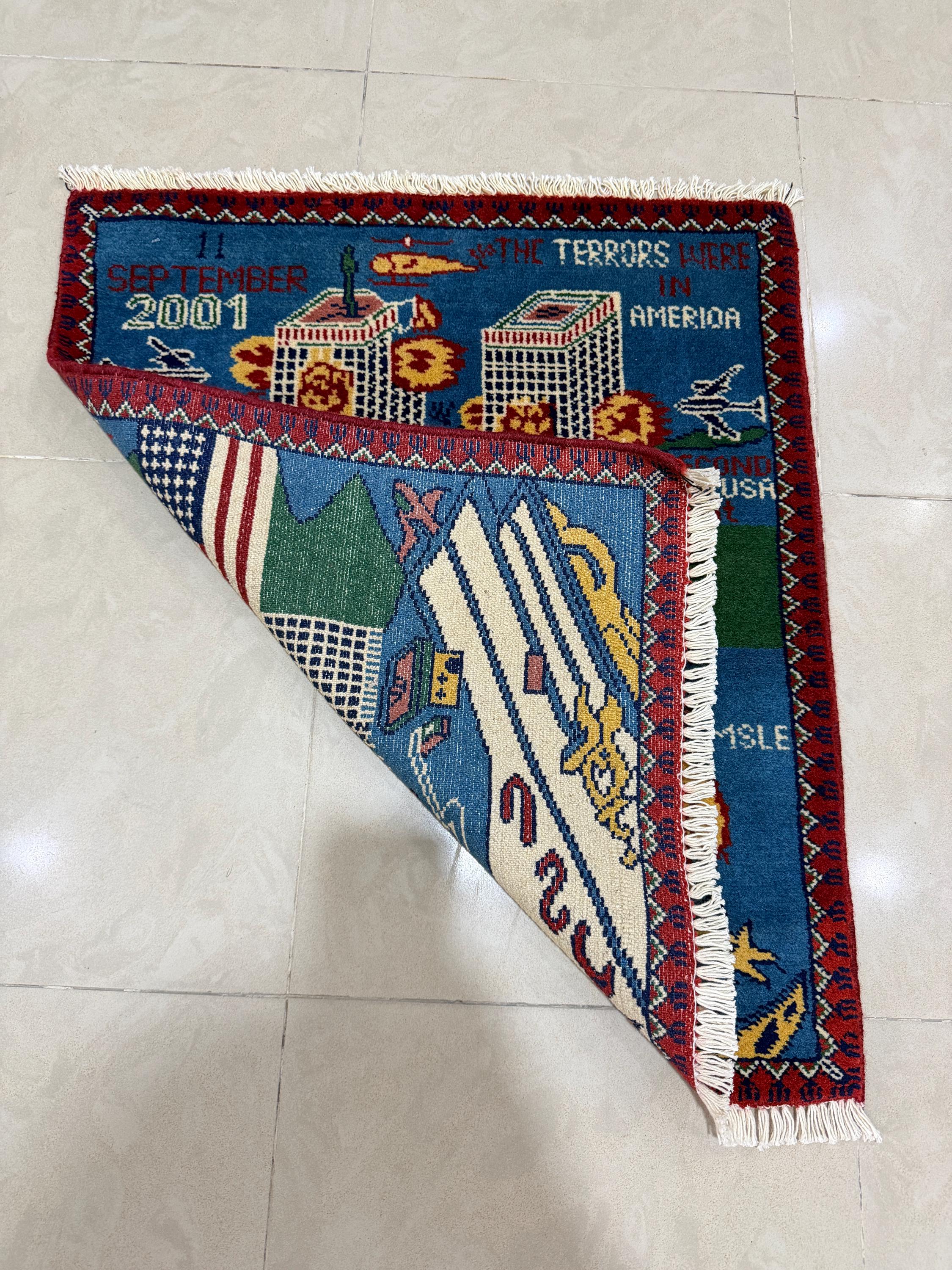 2x3 Handmade 9/11 War Rug – Blue Color Wool Rug, World Trade
