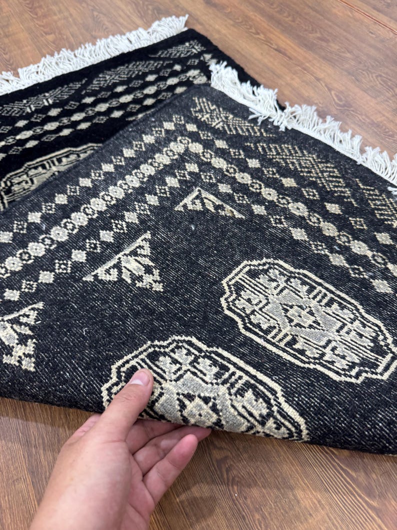 2x3 Black Bokhara Rug Washable Rug Small Rug Wool Rug Living Room Rug