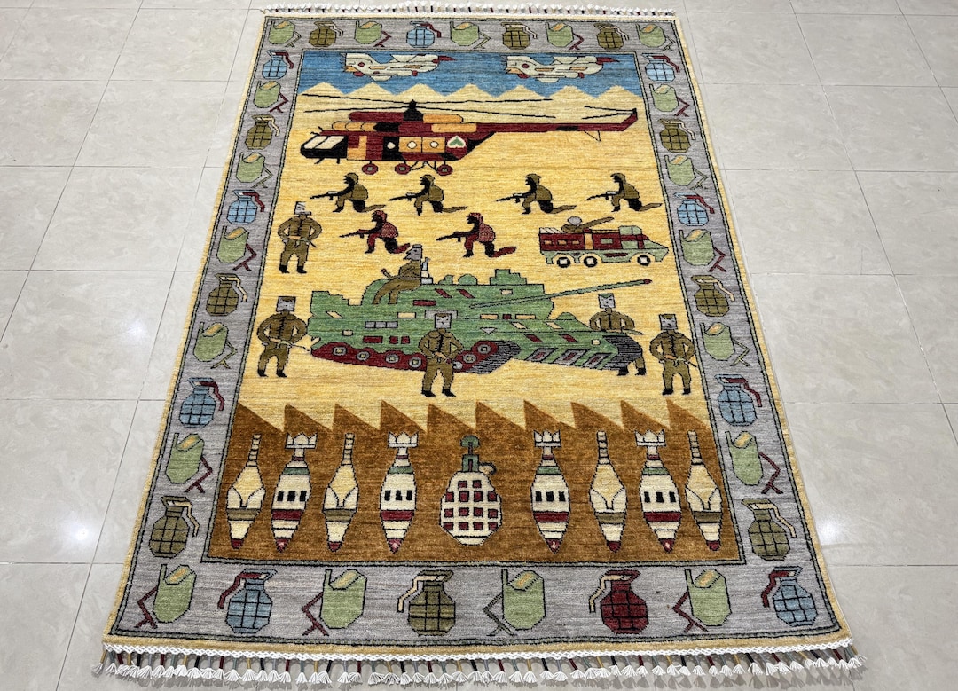 Millitary Rugs 5x7 Handmade Afghan War Rug – Tank, Helicopter, Military Design - Etsy