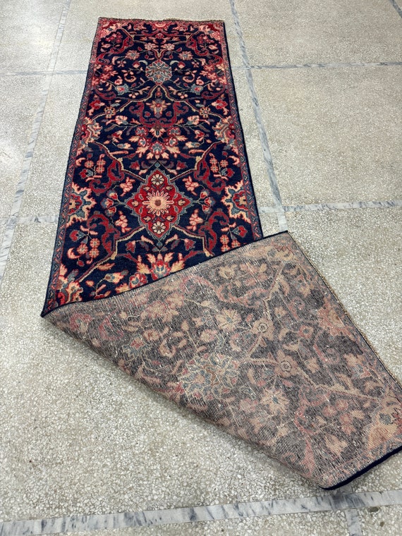 2.6x10 ネイビーブルー ヴィンテージラグ - トルコラグ - ランナーラグ