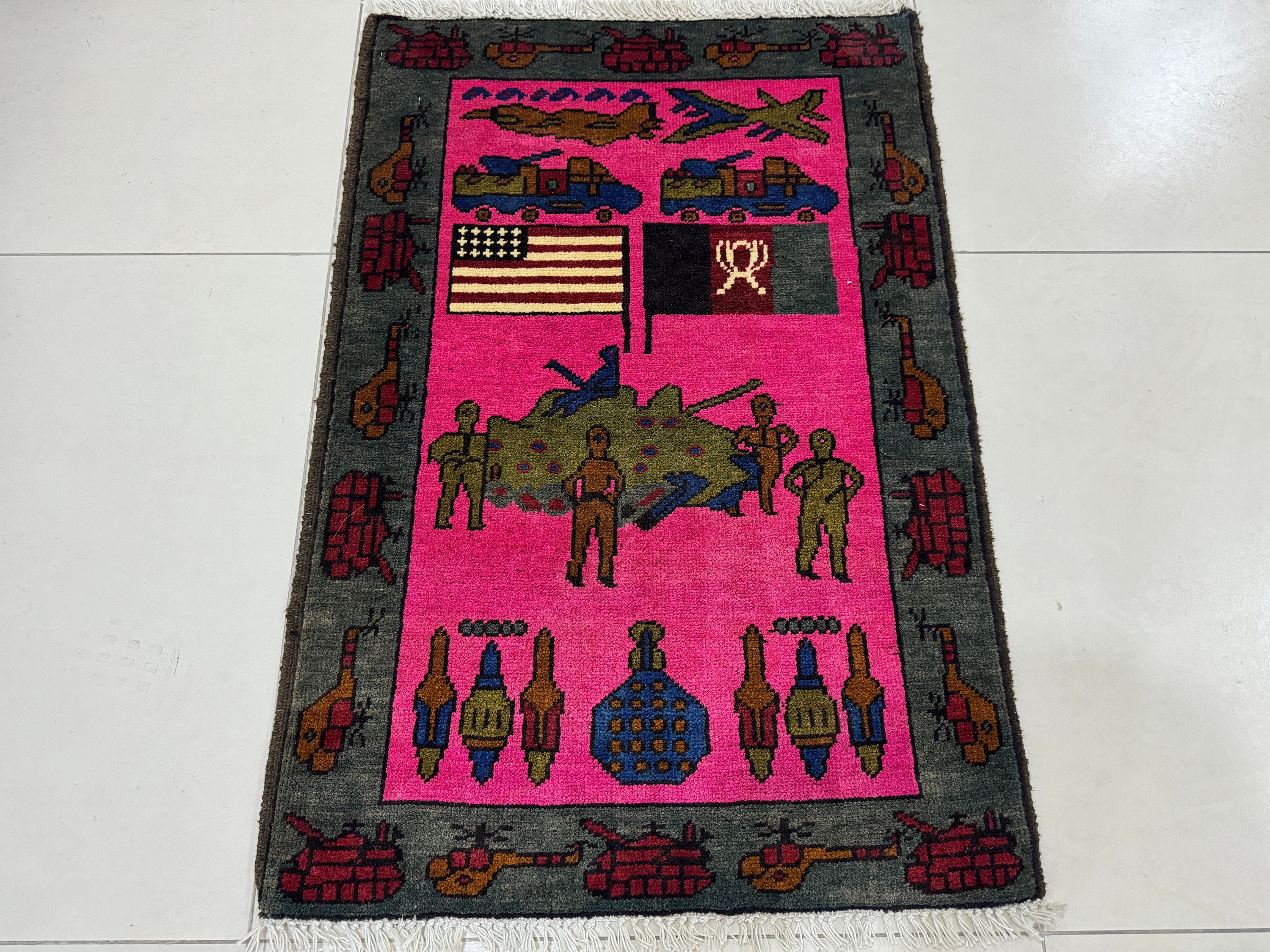 2x3 Pink War Rug - Iconic Kalashnikov Rug - Afghan War Rug