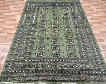 5.6x8 Pistachio Green Bokhara Rug - Dinning Table Rug - Silk Rug - Living Room Rug - Turkish Rug - Golden Rug - Washable Rug - Geometric Rug