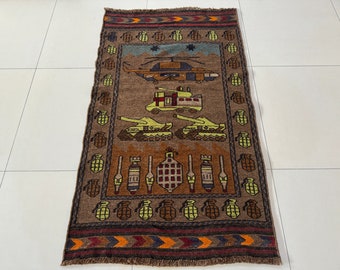 2.6x4 Navy Blue Afghan War Rug – Kalashnikov, Grenade, Tank - Etsy