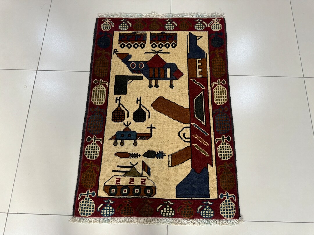 2x3 White War Rug - Iconic Kalashnikov Rug - Afghan War Rug - Grenade ...