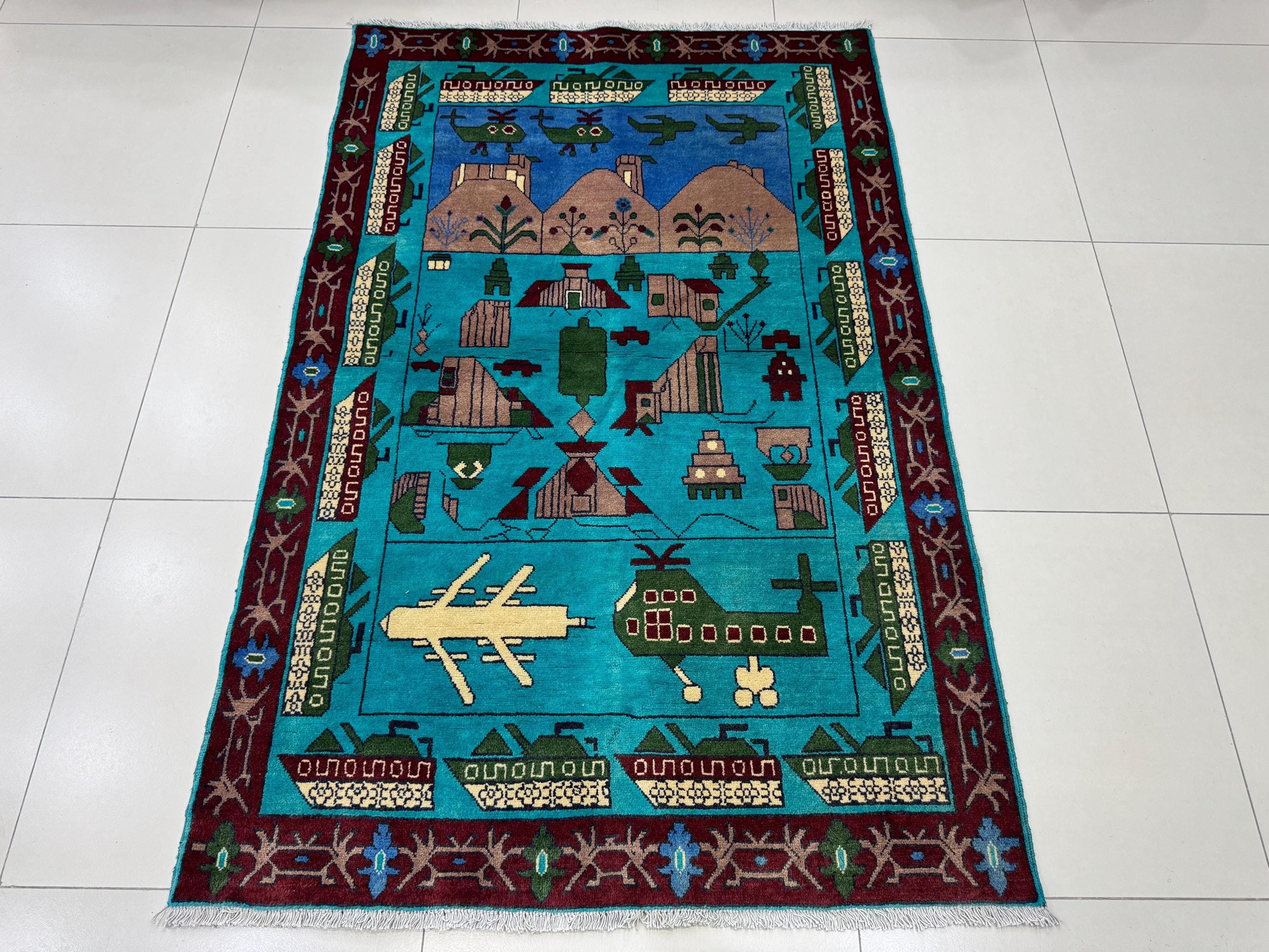 4x6 Teal War Rug - Afghan War Rug - Hand Knotted Rug - Kalashnikov