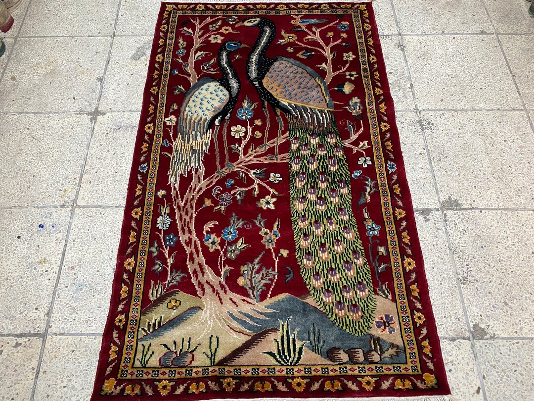 Maroon Vip Rug 3x5 Maroon Pictorial Rug Peacock Rug Afghan Rug Silk Rug Tree of Life ...