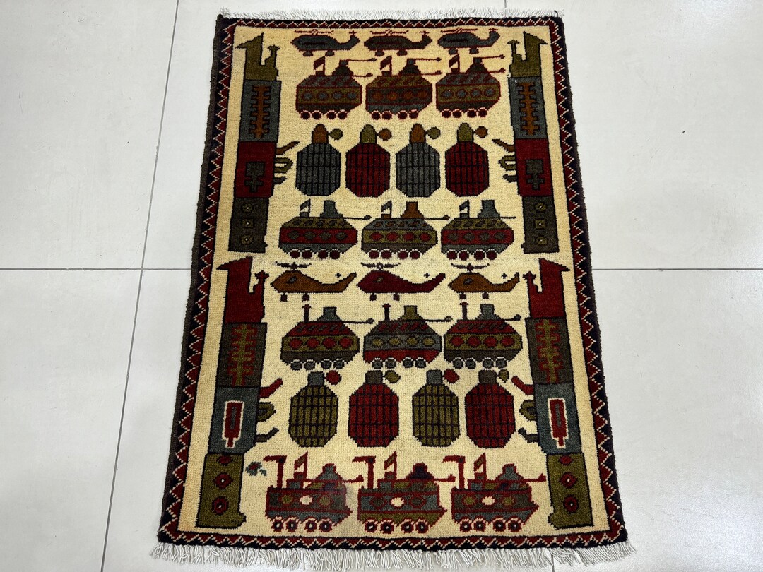 Vintage Rifle Rug 2x3 Ivory War Rug - Iconic Kalashnikov Rug - Afghan War Rug - Grenade ...