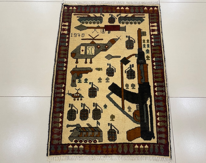 War Machine Rug 2x3 Ivory War Rug - Iconic Kalashnikov Rug - Afghan War Rug - Grenade ...