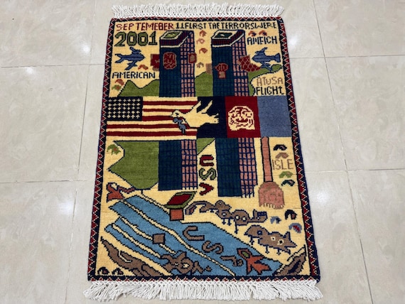 2x3 Ft Handmade 9/11 War Rug – Ivory Wool, World Trade Centre