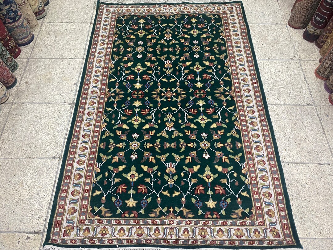 4x6 Pine Green Oriental Area Rug Table Rug Silk Rug Living Room Rug Silk and Wool Rug Kitchen