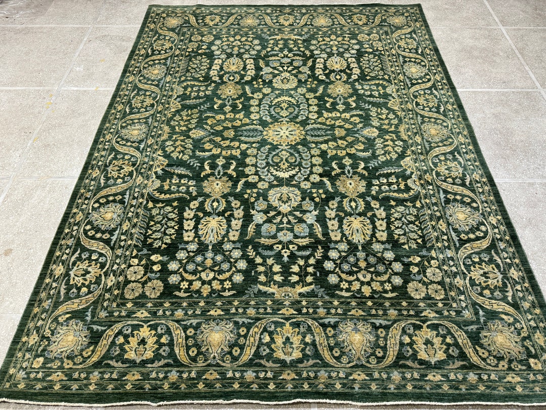 9x12 Emerald Green Oriental Rug Oushak Rug Muted Color Rug Woolen Rug