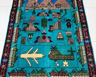 4x6 Teal War Rug - Afghan War Rug - Hand Knotted Rug - Kalashnikov
