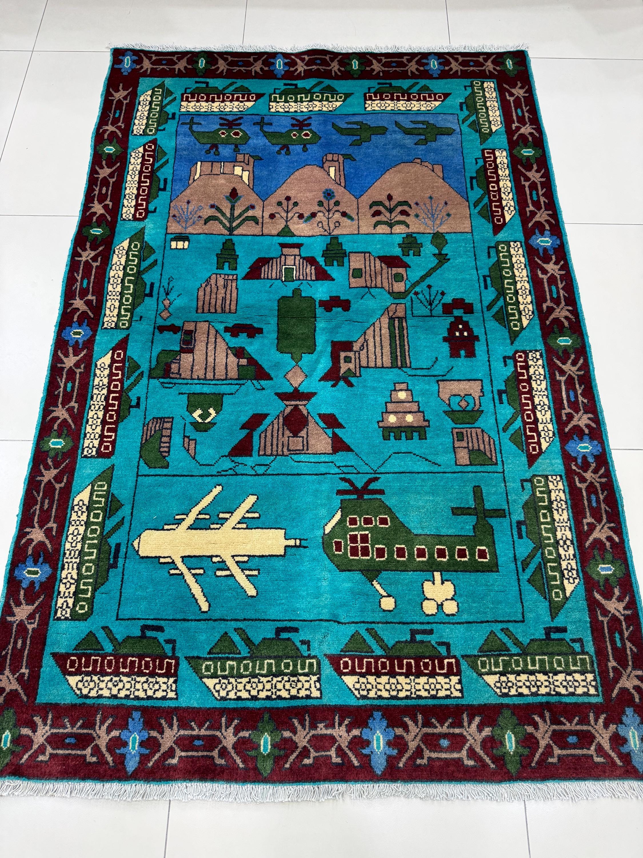 4x6 Teal War Rug - Afghan War Rug - Hand Knotted Rug - Kalashnikov