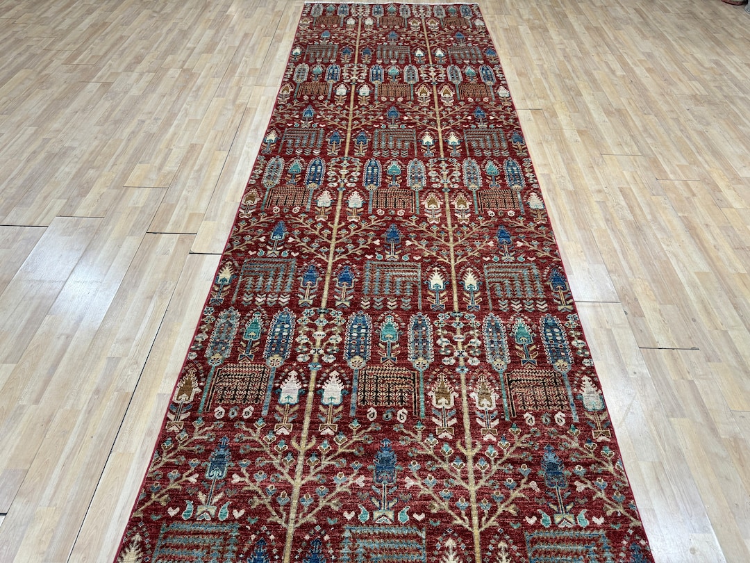 Kabul Rug 4x13 Red Tree of Life Rug - Plants Rug - Hallway Rug - Afghan Rug ...
