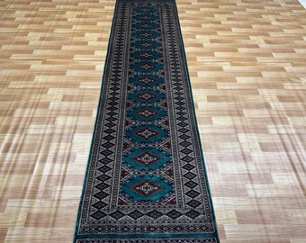 2.6x10 Teal Color Bokhara Rug - Runner Rug - Hallway Rug - Luxury Rug - Long Runner Rug - Fine Quality Rug - Green Rug - Green Rug