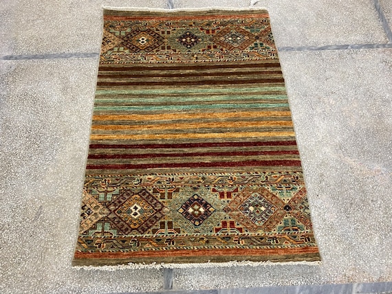 2.5x4 Multi Colored Khorjun Rug Striped Rug 2.5x4 Rug Afghan Rug