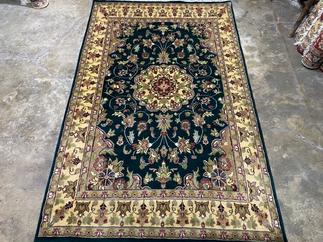 4x6 Emerald Green Oriental Rug Area Rug Table Rug Flower Rug Woolen Rug