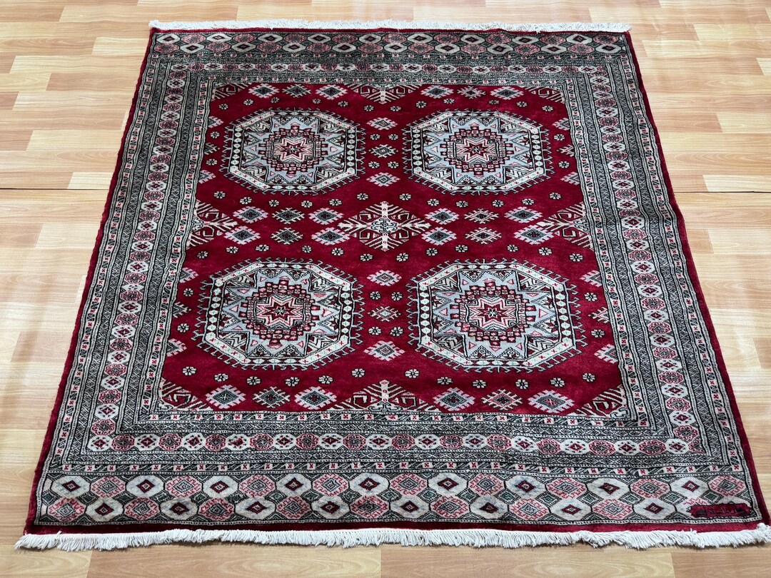 5x5 Red Color Bokhara Rug - Square Rug - Woolen Rug - Living Room Rug ...