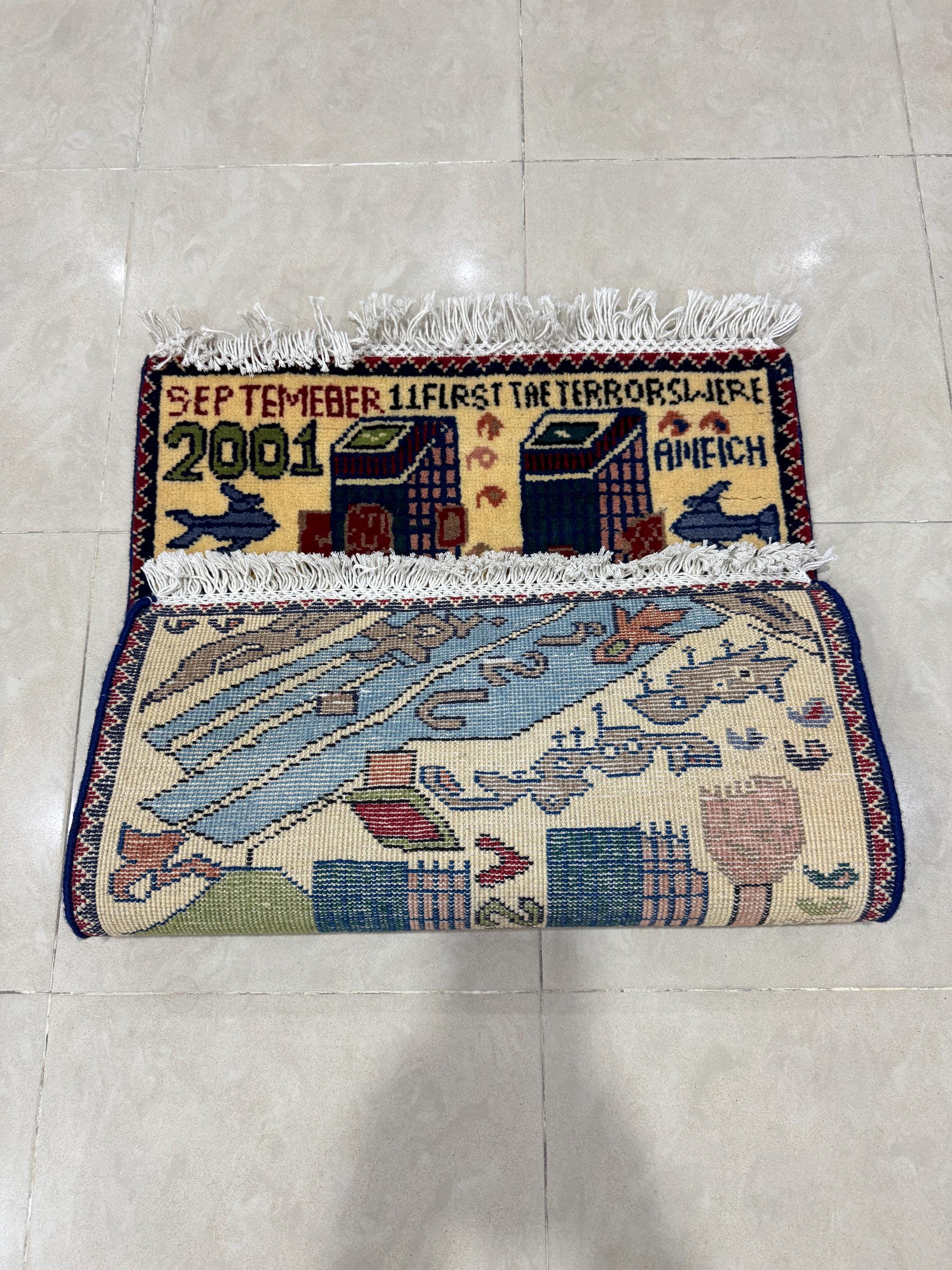 2x3 Ft Handmade 9/11 War Rug – Ivory Wool, World Trade Centre
