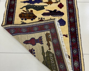 2.6x4 Ivory War Rug - USA Attack Rug - Afghan War Rug - Grenade
