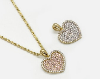 10k Solid Gold Heart Pendant Necklace with Pink & White CZ Stones Elegant Love Charm Jewelry for Women and Girls / Perfect Gift for Her