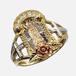 14k Solid Gold Virgin Mary Virgen Maria Lady Guadalupe Rose CZ Vintage Ring for Women Girls Her / Unique Religious Jewelry Gift