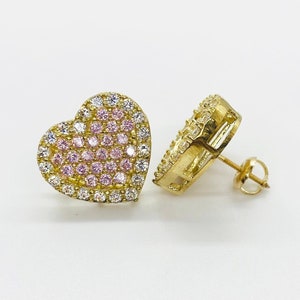 10k Solid Gold Pink Heart Love CZ Screw Twist Back Stud Earrings for Women Girls / Perfect Jewelry Gift for Her Dainty Heart-Shaped Studs