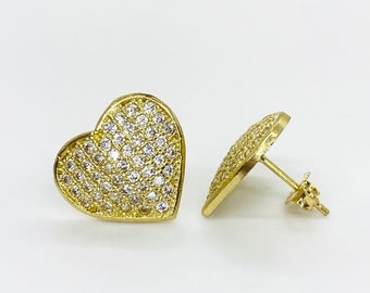 10k Solid Gold Heart CZ Stud Rounded Classic Push Back Earrings for Women Girl