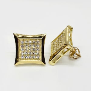 10k Solid Gold Square CZ Stud Earrings Screw Back for Boys Men / Casual Simple Style Durable Secure Fit Minimalist Gold Jewelry for Him