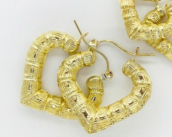 10k Gold Bamboo Simple Classic Plain Heart Hoop Earrings for Women/Girl - Perfect Jewelry Gift for Everyday Wear for Her