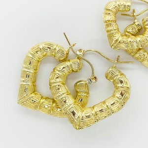 10k Gold Bamboo Simple Classic Plain Heart Hoop Earrings for Women/Girl