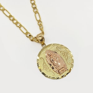 14k Solid Gold Virgin Mary Virgen Maria Lady Guadalupe Two Tone Round Pendant Charm Necklace for Women Girls Religious Jewelry Gift for Her