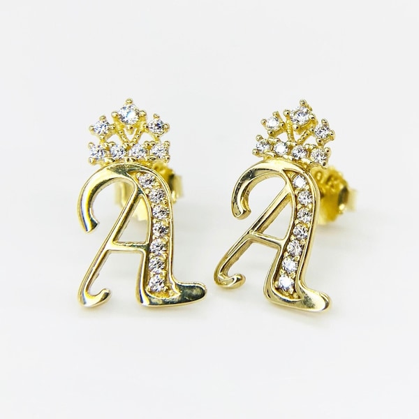 10k Solid Gold Initial Letter Alphabet CZ Crown Stud Earrings for Girl Women