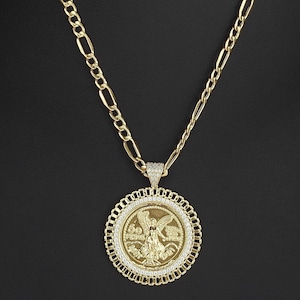 14k Ouro Sólido Centenario 50 Pesos Moeda Mexicana Estilo Rollie Círculo Redondo CZ Pingente Colar Corrente Conjunto / Jóias Presente para Homens Mulheres Ela Ele