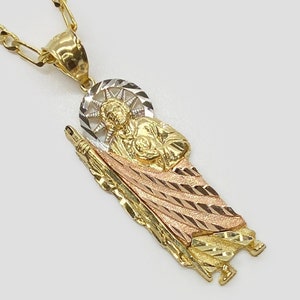 10k & 14k Solid Gold Saint Jude San Judas Tricolor Charm Pendant Necklace - Diamond Cut Religious Jewelry for Men Him and Women Her