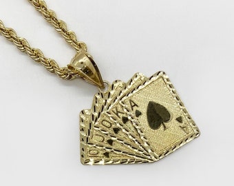 10k Solid Gold Poker Playing Cards Royal Flush Lucky Pendant Charm Necklace for Men Boy / Unique Jewelry Gift Idea for Him