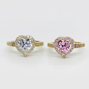 10k Solid Gold Heart Ring with Pink & White CZ, Stunning Love Design, Beautiful Gift for Women Girls Her / Classic Jewelry for Any Occasion
