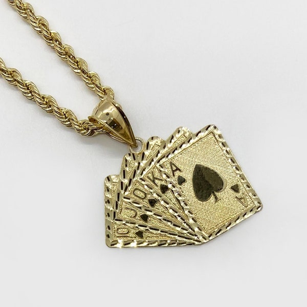 10k Solid Gold Poker Playing Cards Royal Flush Lucky Pendant Charm Necklace for Men Women