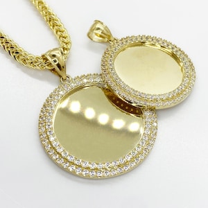 10K Solid Gold Personalized Photo Memory Round Circle Double CZ Charm Pendant for Men Women Custom Picture Necklace Gift for Him Her