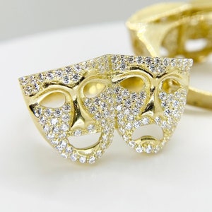10k Solid Gold Comedy Tragedy Theater Mask Ring with CZ for Men Boys Two Face Classic Drama Ring Unique Gold Ring Gift for Theater Lovers