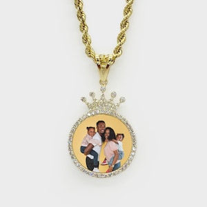 10K & 14k Solid Gold Custom Picture Memory Crown Pendant Necklace Round Circle CZ Charm Personalized Gift for Men Women Memorial Jewelry