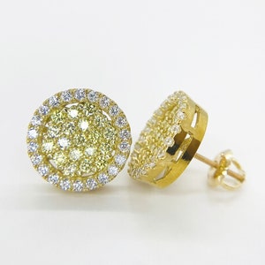 10k Solid Gold Round Circle Double Layer Yellow CZ Simple Stud Earrings Screw Back for Men/Women Unisex