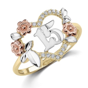 Anel de coração de ouro maciço 10k e 14k para 15º aniversário de Quinceanera com design tricolor de zircônia cúbica em ouro rosa, presente elegante para mulheres, meninas e ela