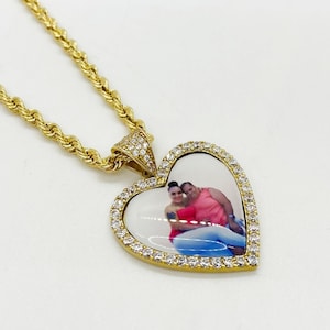 10k & 14k Solid Gold Personalized Medallion Picture Photo Memory CZ Heart Charm Chain Pendant Necklace for Girl Women Her Customizable Gift