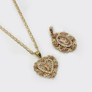 14k massief gouden Saint Jude San Judas Rose Heart ronde cirkel hanger ketting voor vrouwen, religieuze charme sieraden, cadeau voor haar