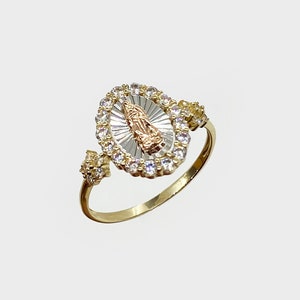 10k & 14k Solid Gold Virgin Mary Virgen Maria Lady Guadalupe Round CZ Ring | Tri-Color Dainty Slim Band | Gift for Women Girls Her