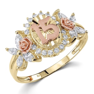 Anel de ouro maciço 10k e 14k para 15º aniversário de Quinceanera com zircônia cúbica redonda rosa, presente elegante para mulheres e meninas / joias atemporais para ela