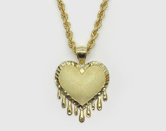 10k Solid Gold Dripping Melting Heart Vintage Charm Pendant Necklace Gift for Women Girl
