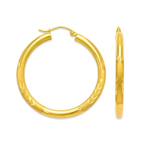 10k Gold Round Circle Hoop Earrings for Women, Simple Classic Plain Matt Diamond Cut, Sleek Tube Design, Timeless Jewelry Piece